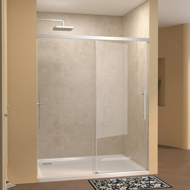 Porte de douche coulissante simple 48 po de largeur x 72 po de hauteur, verre fixe de 5 mm et verre coulissant de 6 mm sans cadre, verre trempé transparent, poignée en acier inoxydable, chrome