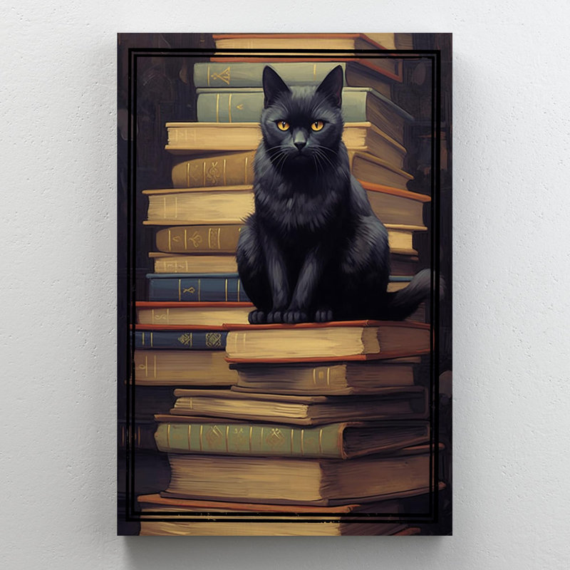 Chat noir et livres sur toile, impression, H 14 po x l 11 po x P 1,25 po
