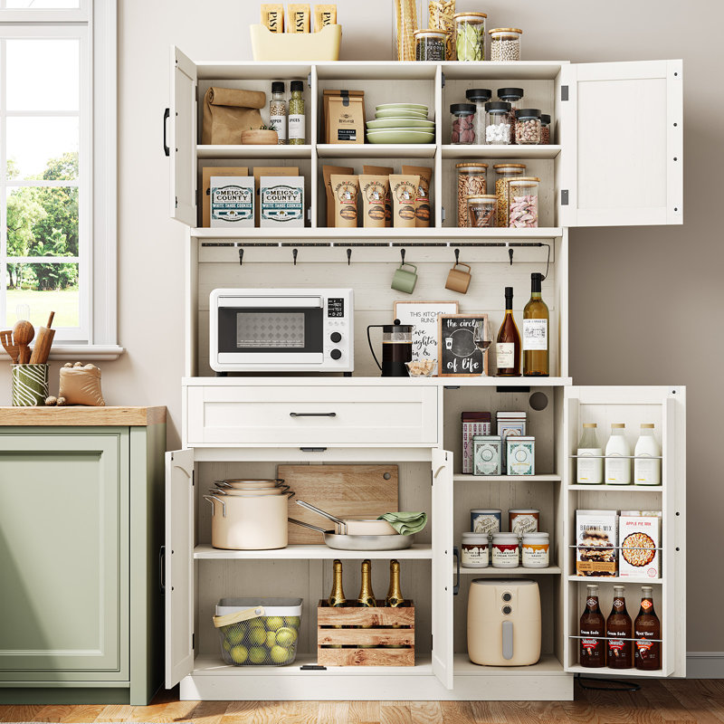 Armoire de rangement pour garde-manger de 71 po de hauteur avec lumière DEL et station de charge, huche de cuisine avec tablette à micro-ondes et 6 crochets, tablettes de porte et tiroir et tablettes réglables pour la salle à manger