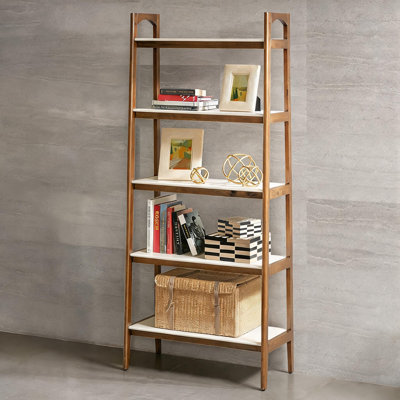 Bibliothèque autoportante de 73 pouces de hauteur à 5 tablettes Mid-Century en bois massif blanc doux et pacane pour le rangement
