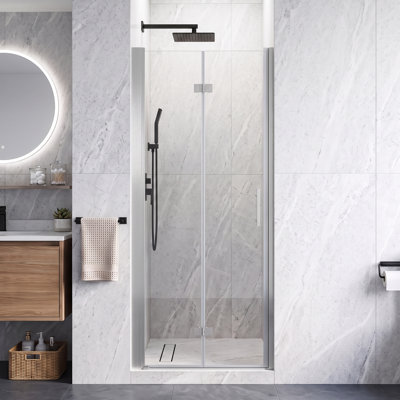 32" W x 72" H Aluminum Bifold Semi-Frameless Shower Door in Brushed Nickel with Explosion Proof Film, 1/4"(6mm) Clear Tempered Glass and Stainless Steel Handle