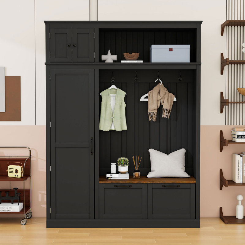 Arbre d'entrée en bois avec armoire de rangement, 3 tablettes latérales réglables, 4 crochets robustes, 2 tiroirs et banquette