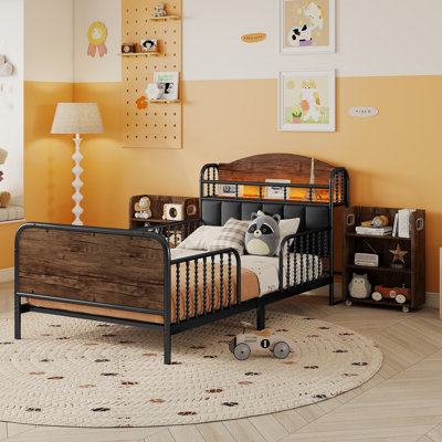 Twin Size Kids Metal Platform Bed with Light, Upholstered Headboard & Pull-Out Storage, Black
