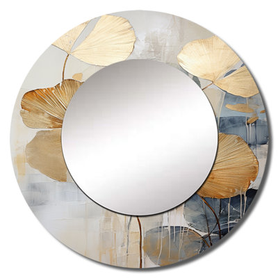 Modern Golden Beige Palm Tree I - Coastal Tropical Decorative Wall Mirror, Coastal Large Round Mirror, Printed Metal Art