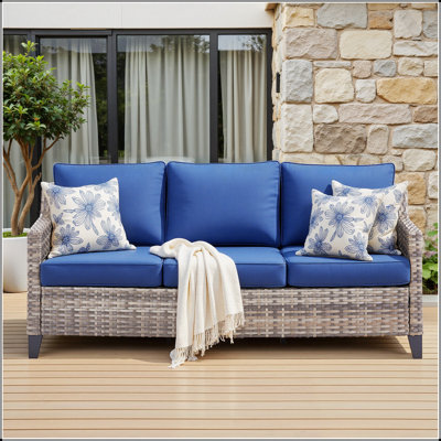 Canapé d'extérieur 73,2 pouces, canapé 3 places en rotin gris avec osier en PE durable et coussins confortables à haute densité