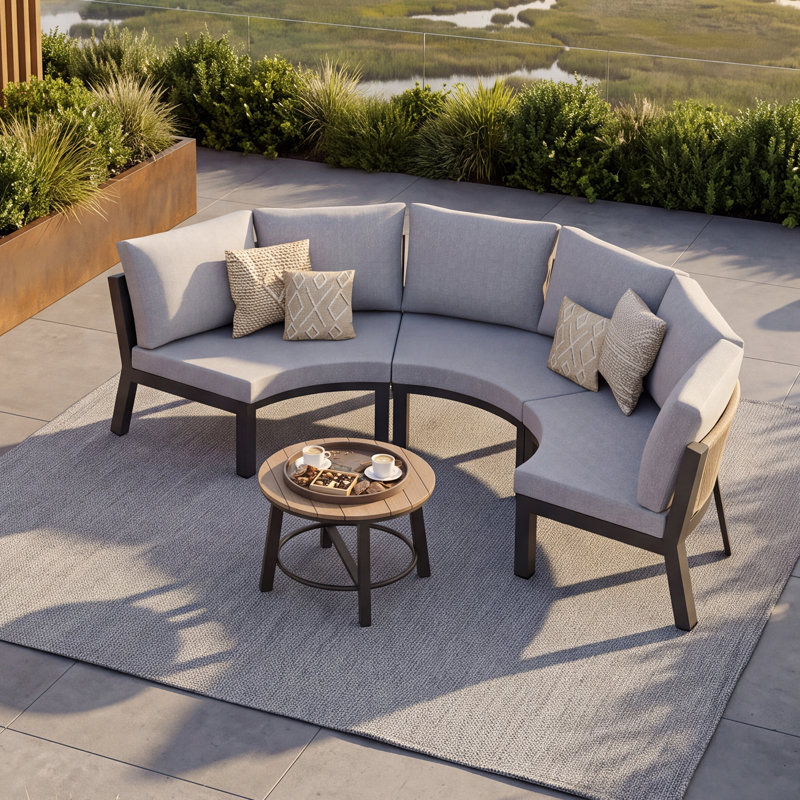 Ensemble de conversation de patio en aluminium demi-lune pour 3 personnes avec coussins et table basse, Beige/White