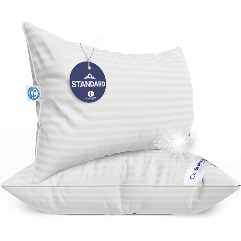 Continental Bedding Luxury 700 Fill Power Down Bed Pillows 2 Pack, Standard, Firm