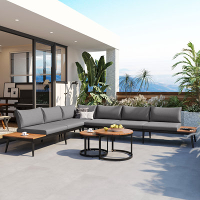 Ensemble de canapé modulaire d'extérieur 6 pièces avec tables basses gigognes rondes et canapé avec coussins pour patio, porche et jardin