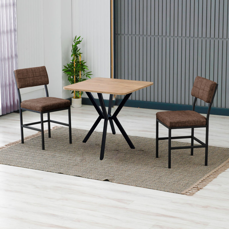 Ensemble de table et chaises de salle à manger extensible (3 pièces), brun et noyer, 27,6 po x 29,1 po x 27,6 po | Panneau de particules 100% mélaminé, épaisseur de 0,7 pouce | Structure en métal durable, tissu 100% lin, design industriel moderne
