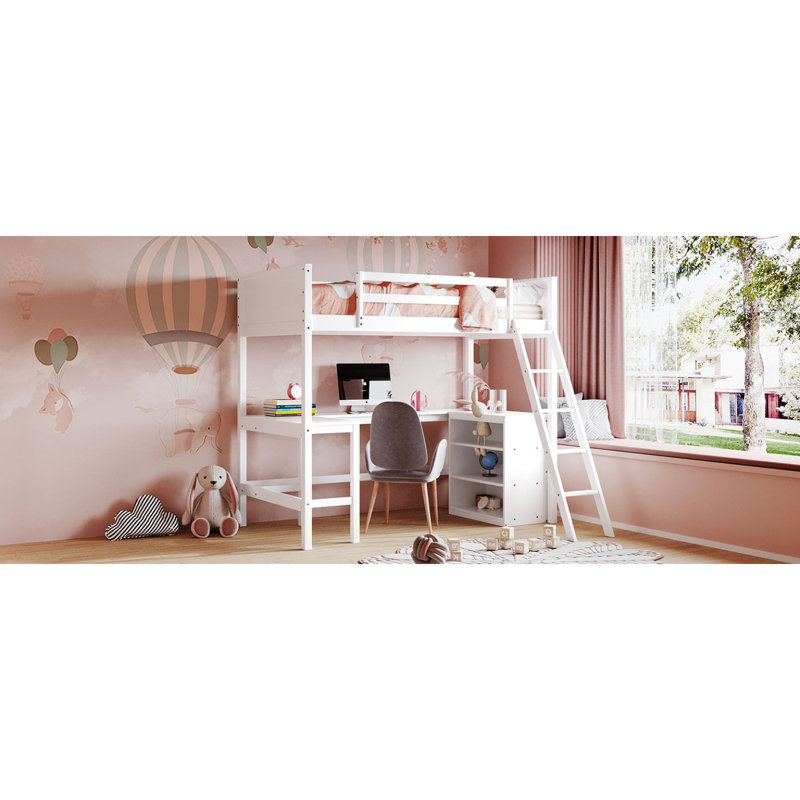 Lit mezzanine avec tablettes et bureau, Lit simple, Blanc