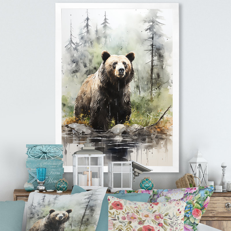 «Brown Grizzly Bear In Wilderness II», art mural, Cadre simple blanc, H 20 po x l 12 po x P 1 po