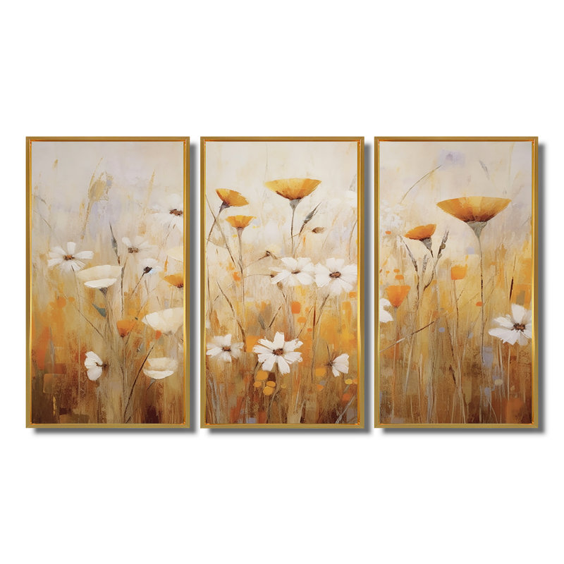 Ensemble de décorations murales fleurs blanches blanches dans un champ de blé II - Fleurs sauvages, Cadre flottant doré