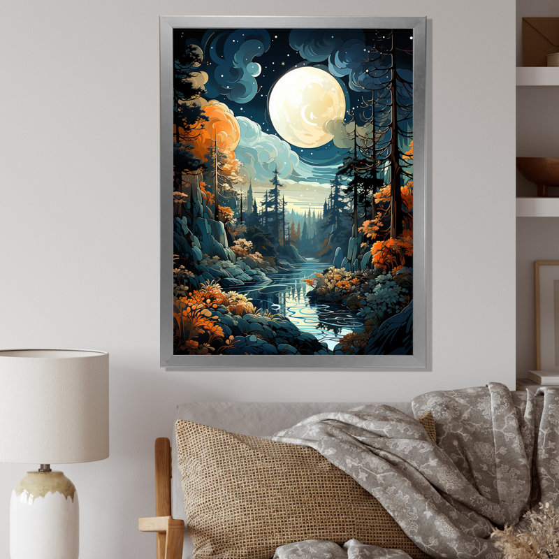 «Moonlight River Retreat Into The Forest IV», art mural forêt et rivière, Cadre photo argenté, H 32 po x l 16 po x P 1 po