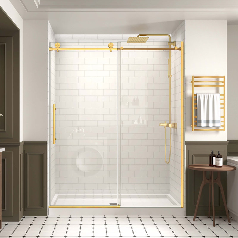 60 in. W X 74 in. H Soft Close Single Sliding Frameless Shower Door with 5/16 in. (8mm) Clear Tempered Glass, Gold