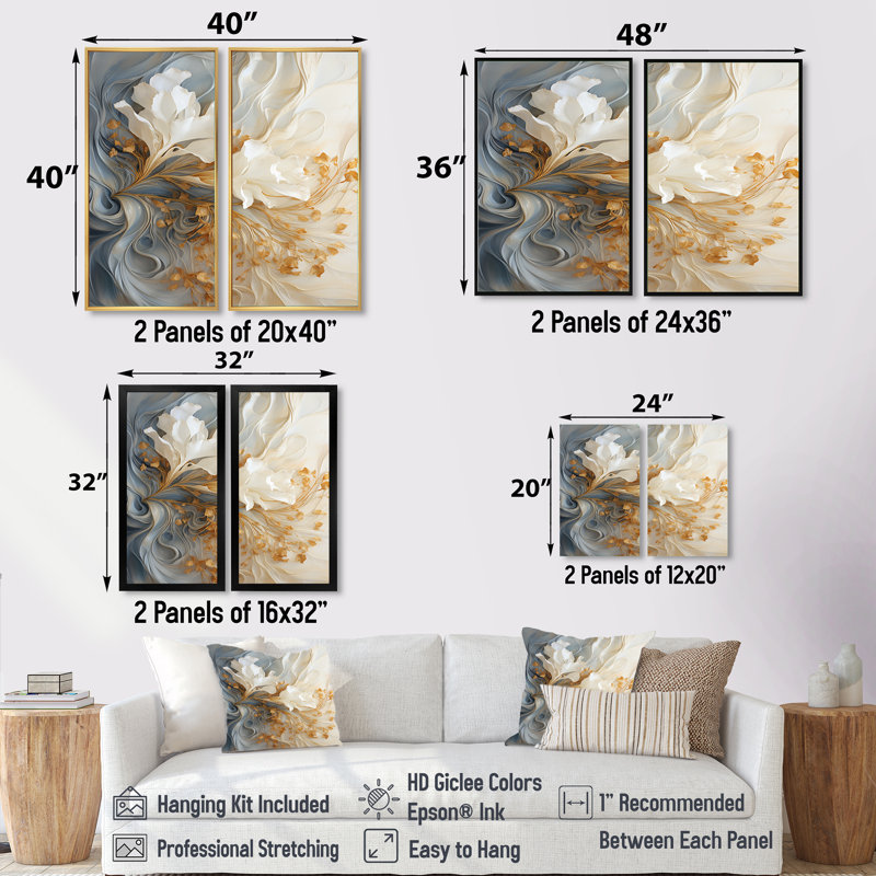 Blanc et or Champagne Flow - Champagne, art encadré, ensemble de 2 décorations murales beige, H 40 po x l 40 po, Doré