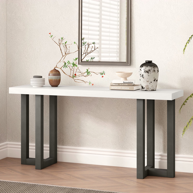 Console à conception géométrique avec pieds en pin massif, Blanc, Gris
