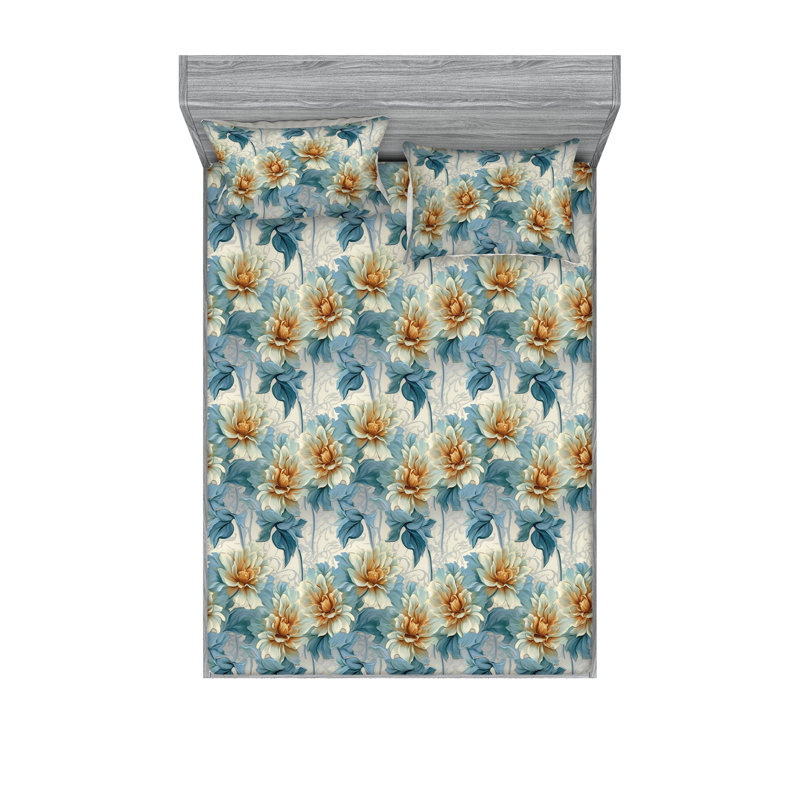 Drap-housse et taies décoratives 3 pièces Ambesonne, Bleu cadet foncé, coquille d'œuf / floral