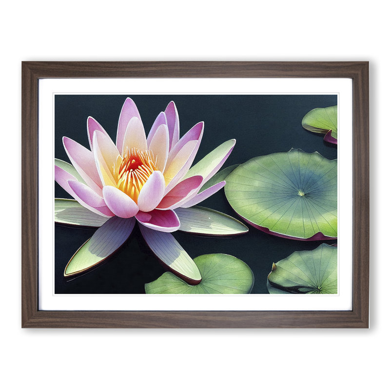 Watercolour Water Lily Flower Vol.5 - Single Picture Frame Print, 25cm H x 34cm W, Walnut