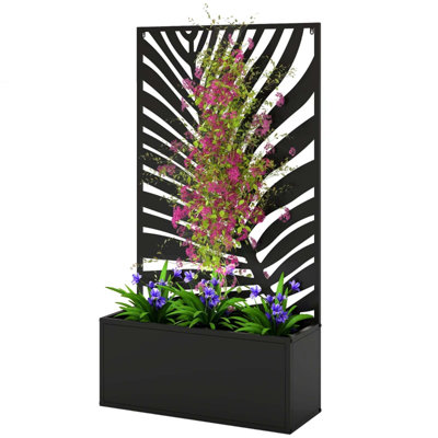 Freestanding and Wall-Mounted Raised Garden Bed with Decorative Leaf Privacy Panel and Integrated Trellis for Climbing Plants.