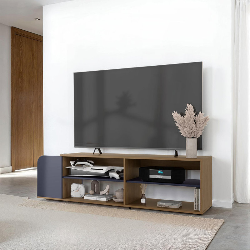 Meuble télé moderne, console de divertissement avec tablettes ouvertes, bleu marine et chêne naturel