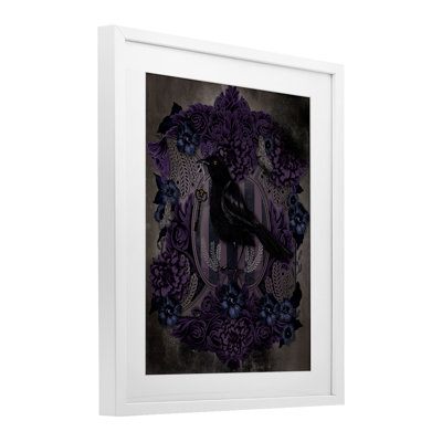 Raven with Gothic Florals Framed Print Under Glass, design by Lori Mosley