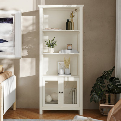 Bibliothèque moderne et armoire de rangement en bois avec portes en verre trempé et 3 tablettes supérieures