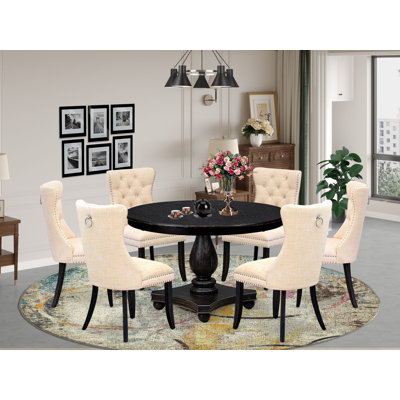 7-piece Dining Set included a wooden table and 6 Light Beige Polyester Fabric dining chairs with Button Tufted Back - Sand Blasted Black