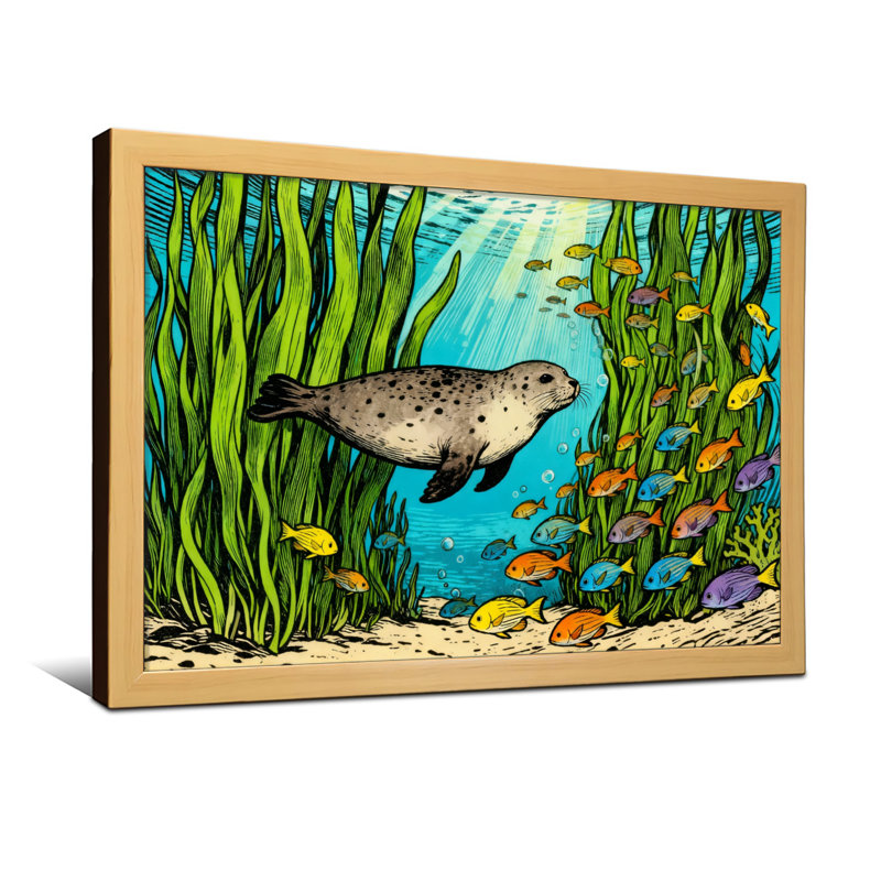 Animal Seal Swimming Among Seaweed And Fish, Framed Print without Mat, 24" H x 36" W, Black