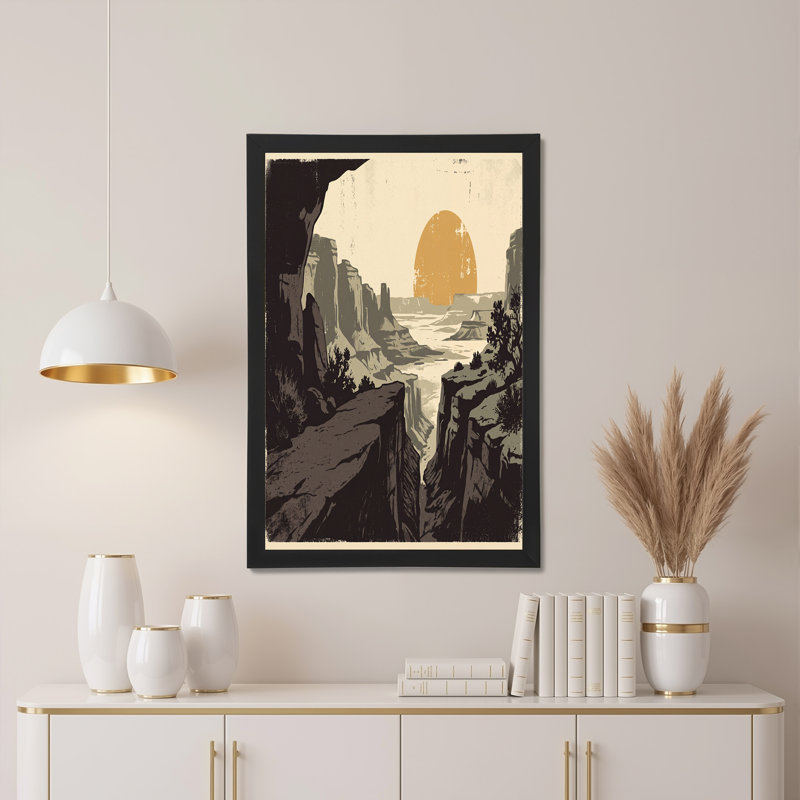 Art mural rétro sur toile avec grand soleil orange, H 16 po x l 24 po