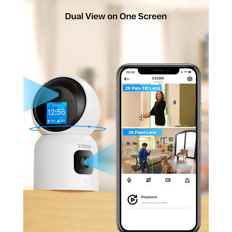 Dual-Lens 360° PTZ 2K Security IP Camera for Baby/Pet, 2-Way Video, One-Touch Call, Human Tracking