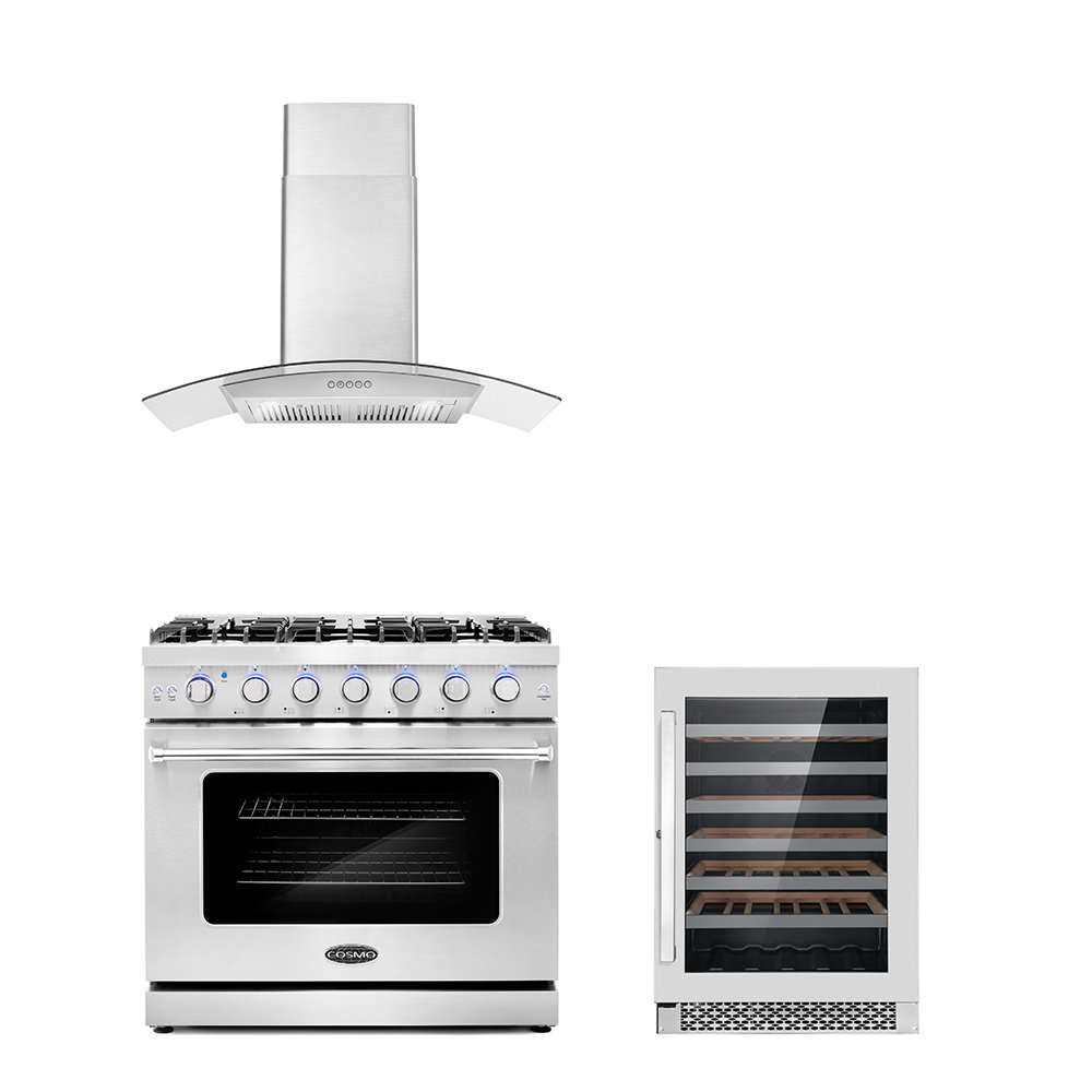 Cosmo 3 Piece Kitchen Appliance Package with 36'' Gas Freestanding Range , Wall Mount Range Hood , and Wine Refrigerator Cosmo