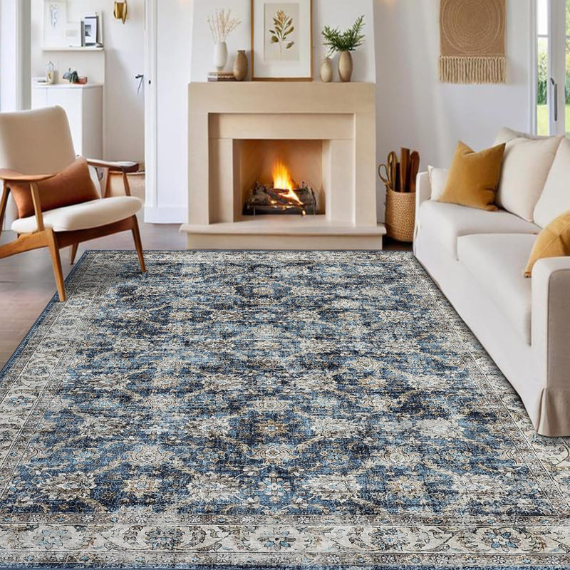 5x7 Vintage Rug Distressed Retro Oriental Washable Non-Slip TPR Backing Low Pile Thin Foldable Soft Non-Shedding Nursery Grey