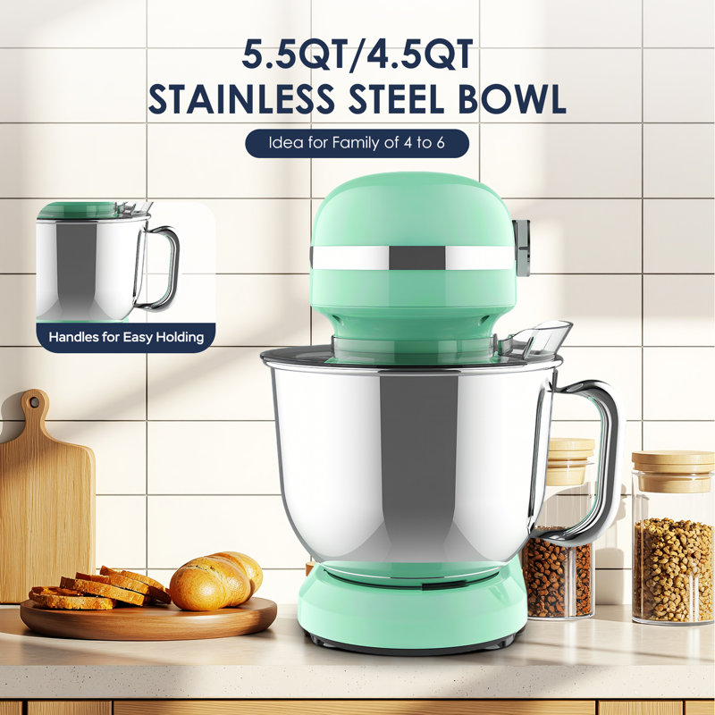 350W 12-Speed Tilt-Head Stand Mixer with 5.5QT & 4.5QT Nestable Dual Stainless Steel Bowls, Includes Dough Hook, Flat Beater, Whisk & Splash Guard, Multi-Purpose Home Kitchen Food Dough Mixer, Mint Green