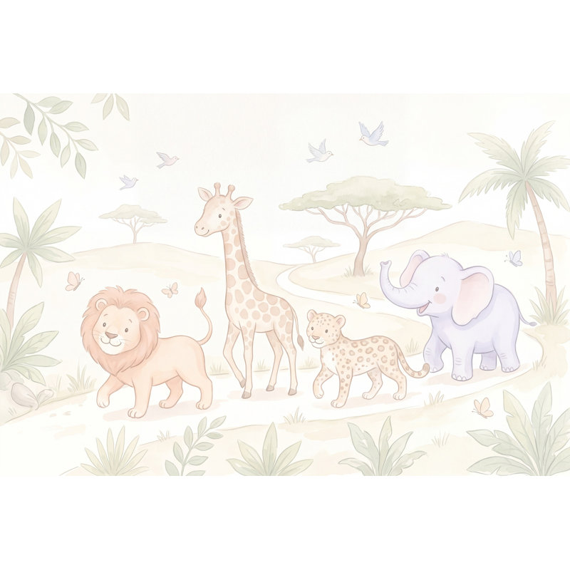Papier peint fond blanc avec chambre d'enfant Safari, 140 po x 108 po, Peler et coller