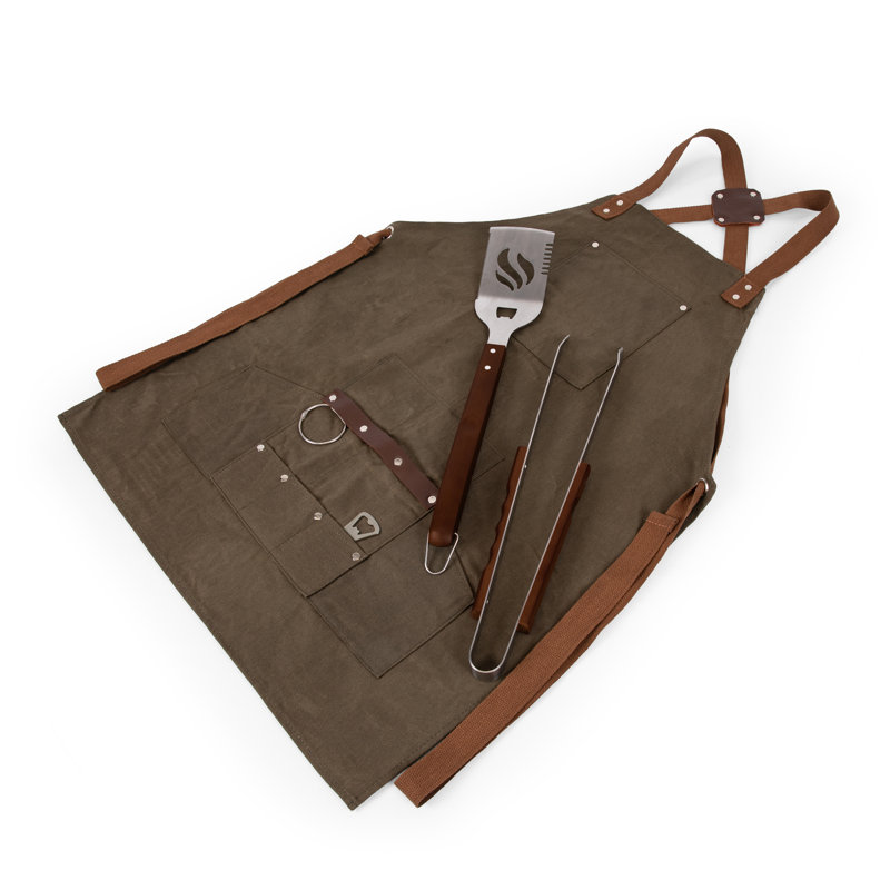 Tablier de barbecue avec outils et ouvre-bouteille - Toile cirée patinée robuste 