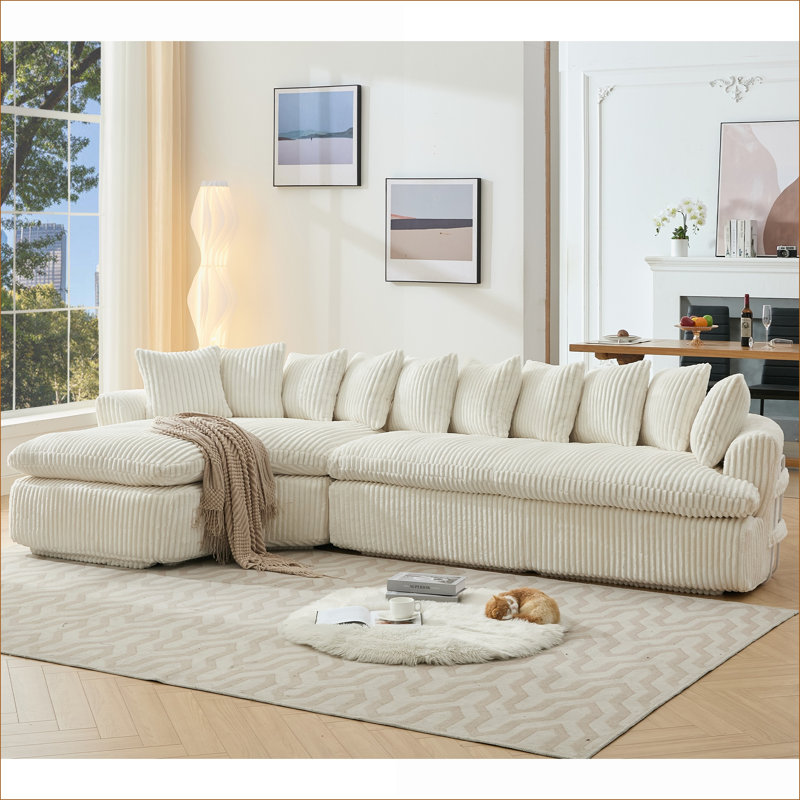 Canapés modulaires | Méridienne incurvée à gauche en forme de L 127 po pour salon 127 po en velours côtelé beige | Beige | Revêtement