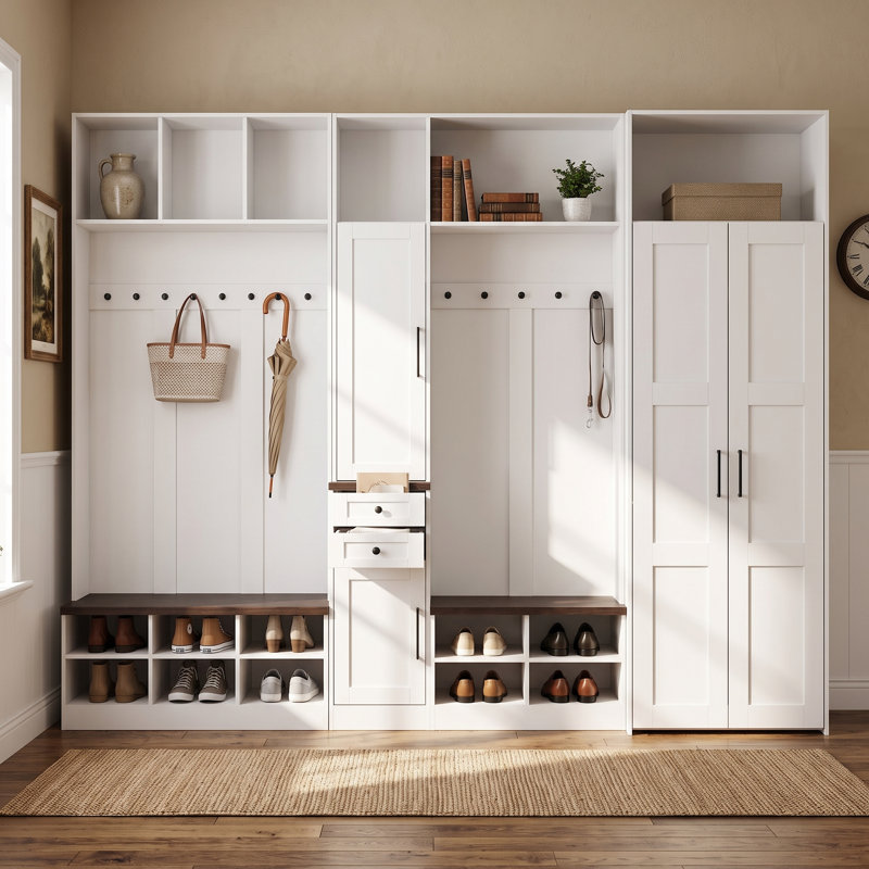 Ensemble de porte-manteau modulaire 3 pièces avec 13 crochets, 2 bancs à chaussures, 6 casiers supérieurs et rangement pour chaussures