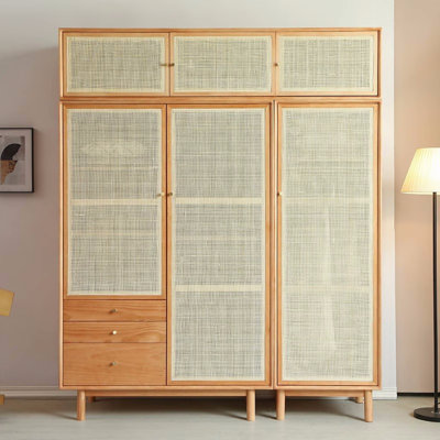 Simple Solid Wood and Rattan Woven Wardrobe