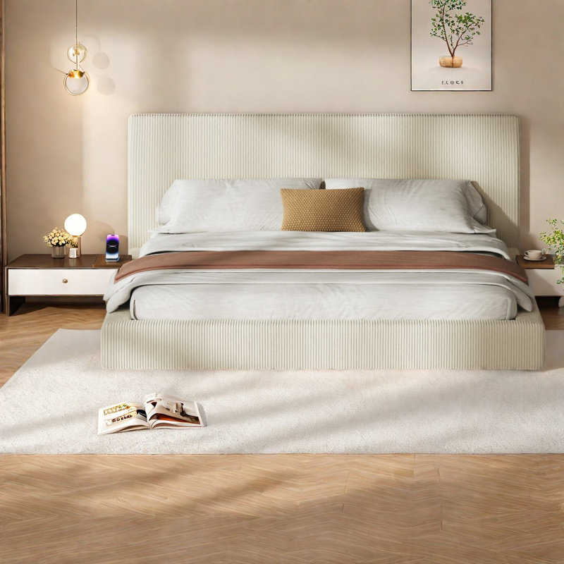 Lit King moderne, cadre en velours côtelé d'acier, rangement ajustable pour la maison