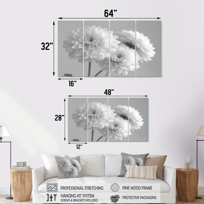 Monochromes blanc noir, «Mums Botanical Beauty II», ensemble de reproductions d'art mural, H 32 po x l 64 po