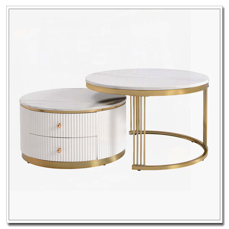 Table basse ronde et gigogne avec tiroirs