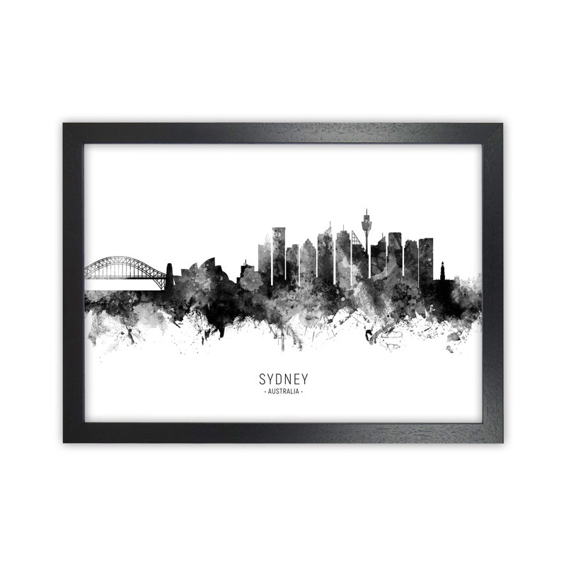 Sydney Australia Skyline Black White City Name by Michael Tompsett - Print, 25cm H x 34cm W x 3cm D, Black Framed