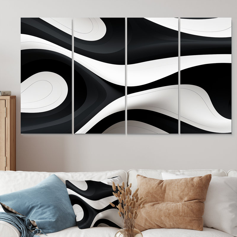 Orka Flows Minimal Black White - Waves, art mural sur toile, 4 pièces, H 32 po x l 64 po