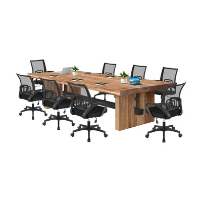 Modern Natural Wood-tone Rectangular Solid Wood Conference Table And Chair Set With Black Mesh Office Chairs