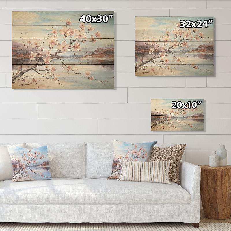 Cornouiller en fleurs sur la plage - Art mural en bois de bois de cornouiller sur bois de pin naturel, H 24 po x l 32 po