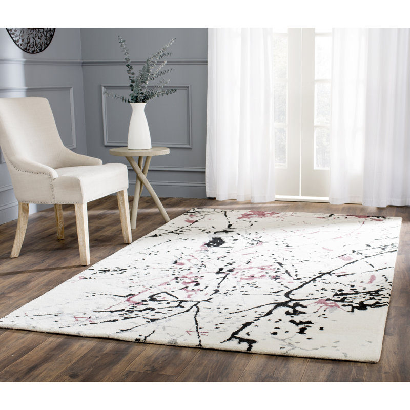 Tapis abstrait en laine / coton / viscose touffeté à la main Amier en ivoire / rouge / noir, Rectangle 8 pi 3 po x 11 pi
