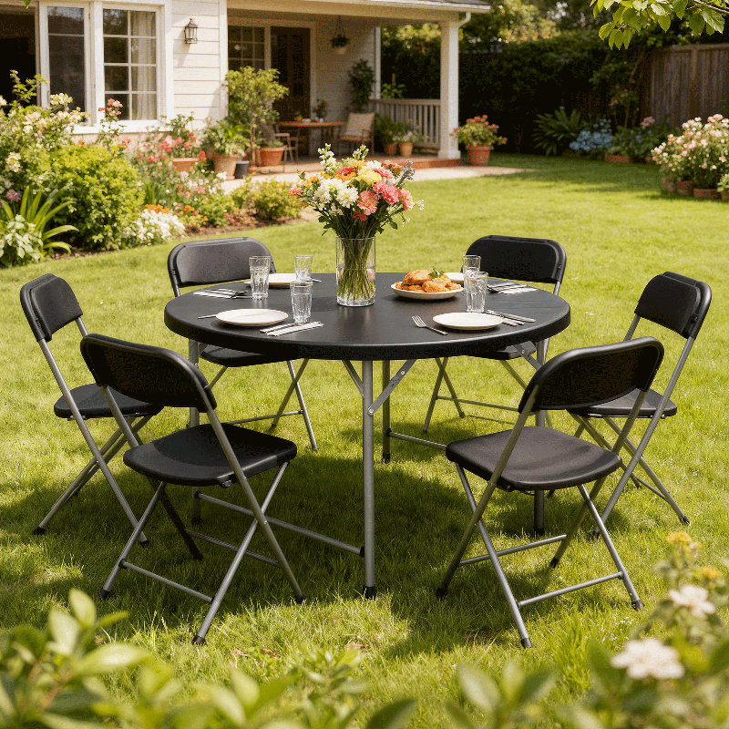 Round Foldable Plastic Table Collapsible Circular Steel Frame with Carry Handle, 29.5" H x 48" L x 48" D, Black