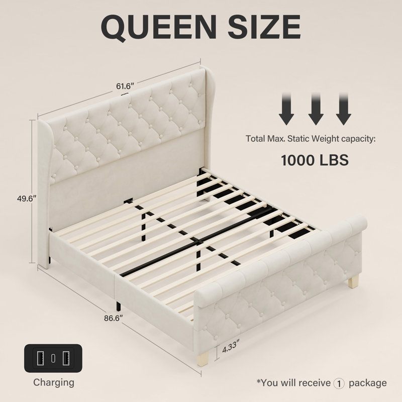 Structure de lit plateforme moderne en velours, support de lattes en bois massif, aucun sommier requis, Queen, Beige