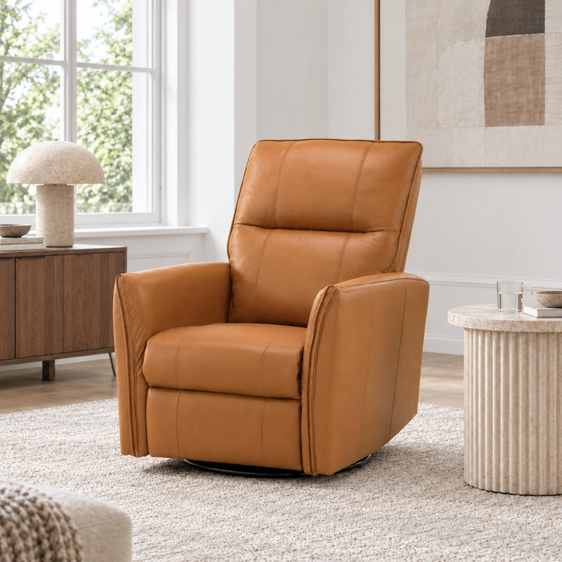 Coamhan 31.5" Wide Genuine Leather Modern Power Recliner with Swivel and Glider, Tan