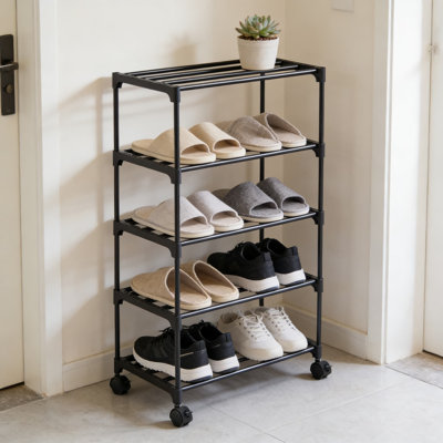 5-Tier Rolling Shoe Rack With Slide-Out Shelves, Stackable Metal Storage Organizer With Anti-Rust Coating For Entryway, Living Room, Kitchen, And Office